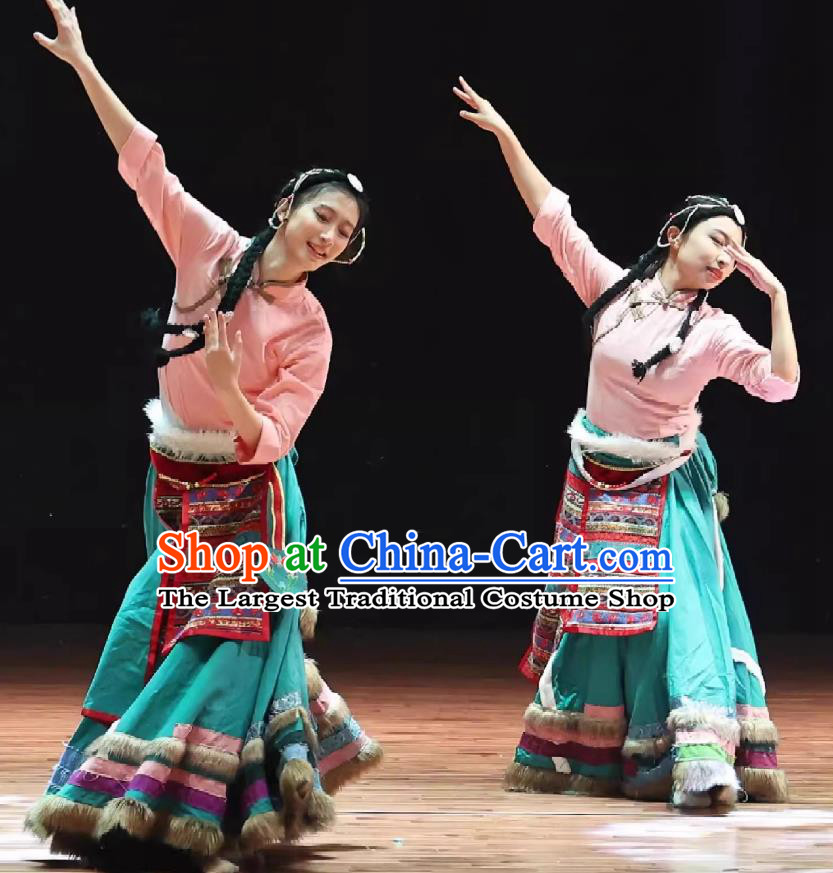 Spring Sowing Tibetan Dance Costume Women Zang Ethnic Folk Dance Clothing Chinese Stage Performance Tibetan Robe