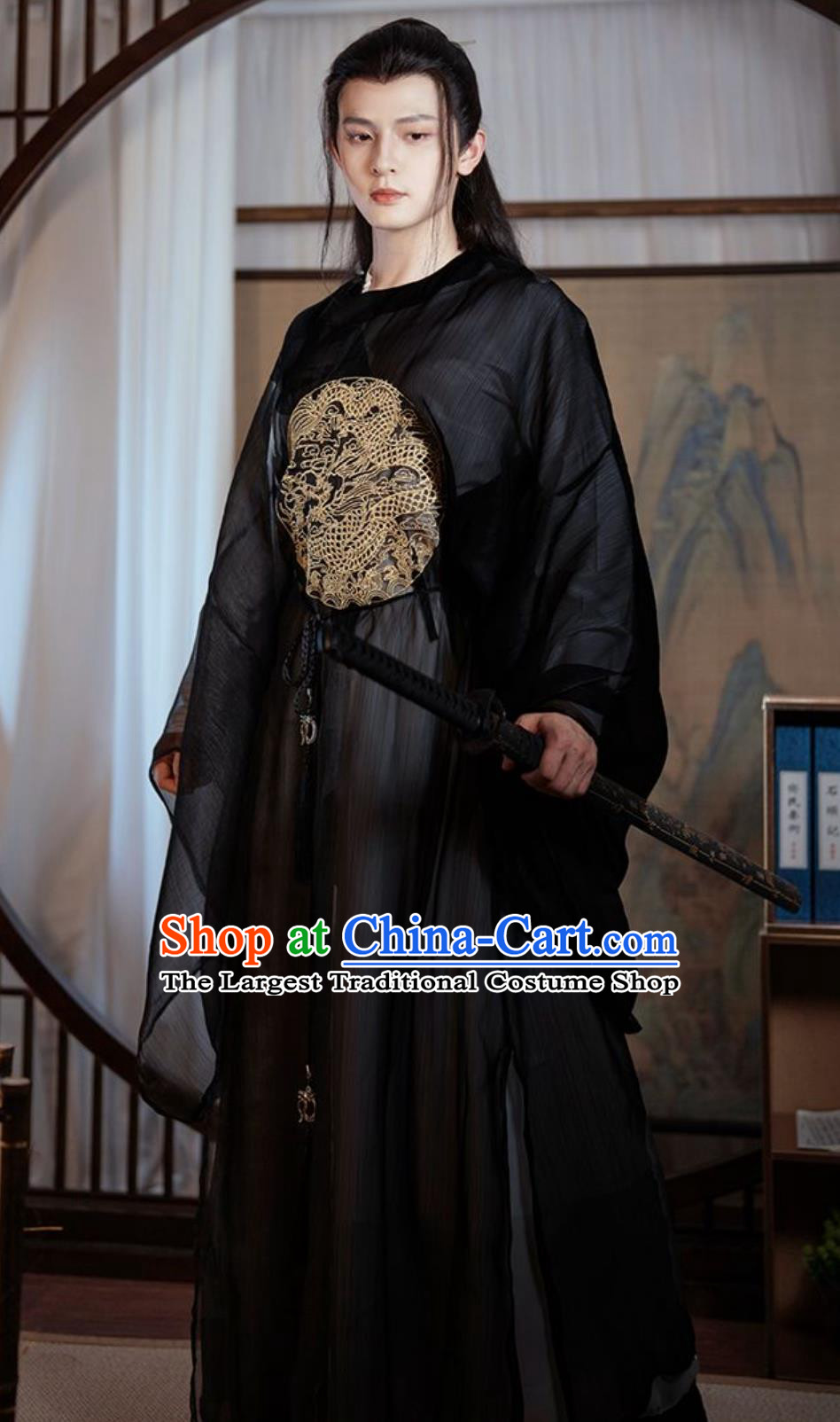 Ming Dynasty Hanfu Black Round Collar Robe Traditional Chinese Dragon Embroidery Garment Ancient Swordsman Costume