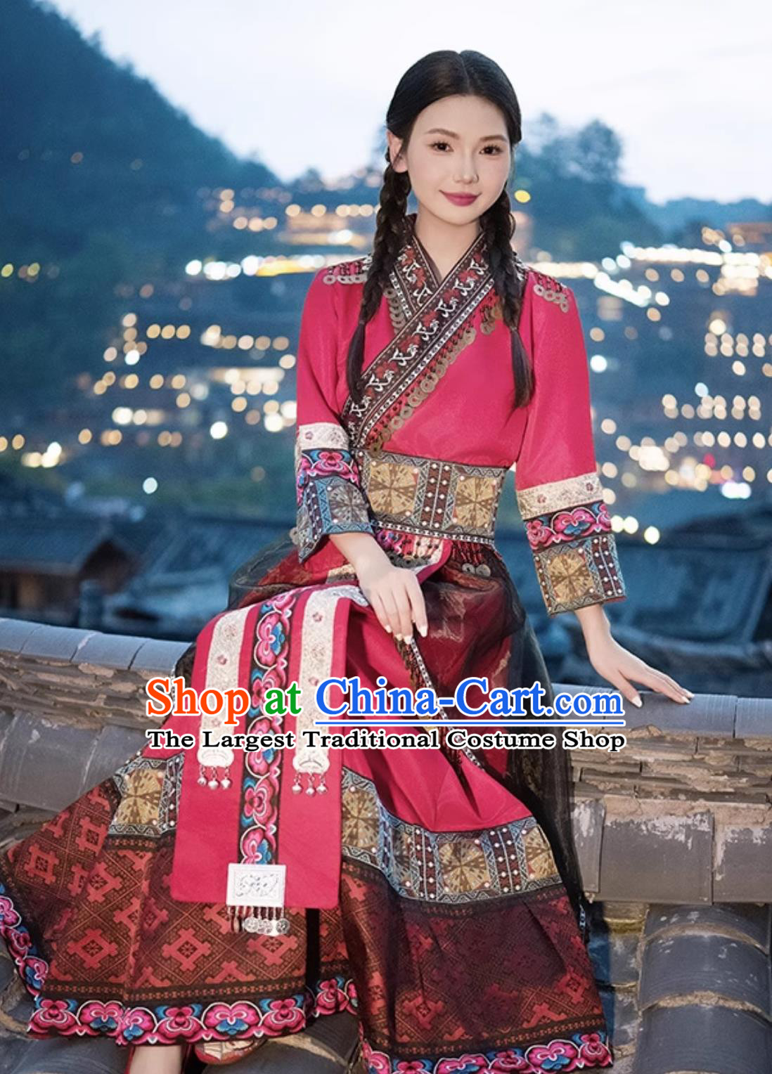 Chinese Miao Ethnic Lady Costume Hmong National Minority Dance Red Dress