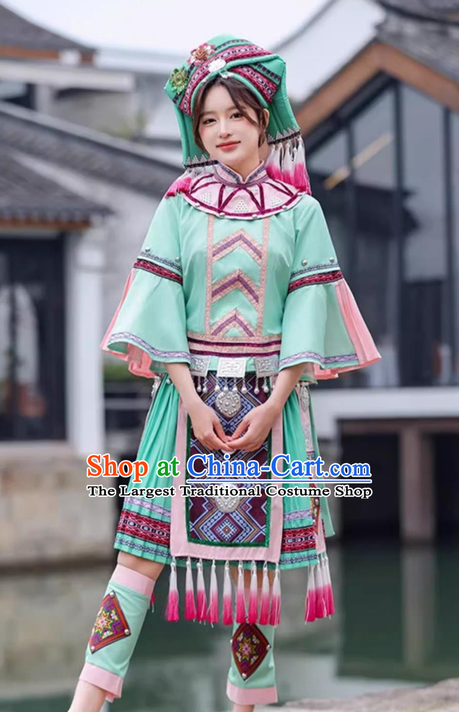 Guangxi Zhuang San Yue San Festival Green Ethnic Costume Women Chinese Minority Traditional Attire