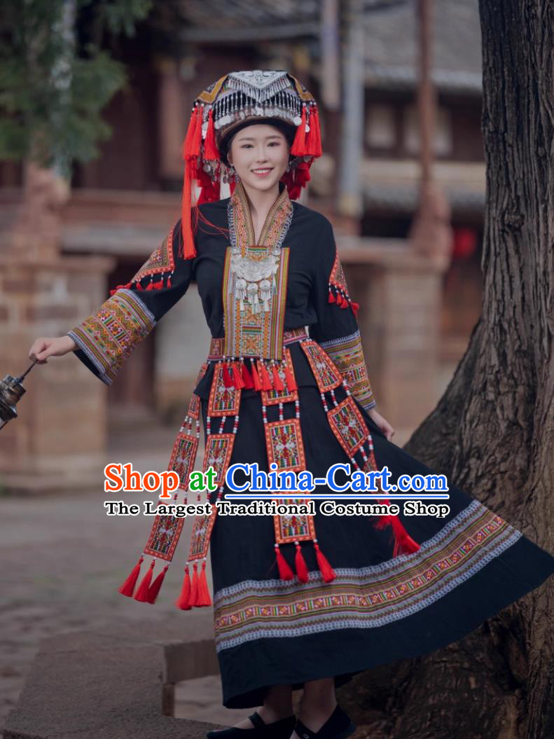 Guangxi Zhuang Ethnic Costume Women San Yue San Festival Embroidered Gown Chinese Stage Show Attire