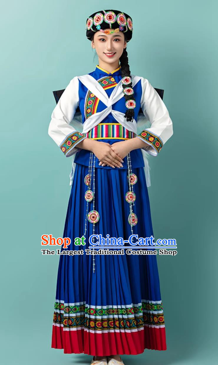 Chinese Naxi Ethnic Minority Costume Traditional Yunnan Folk Dance Performance Blue Attire
