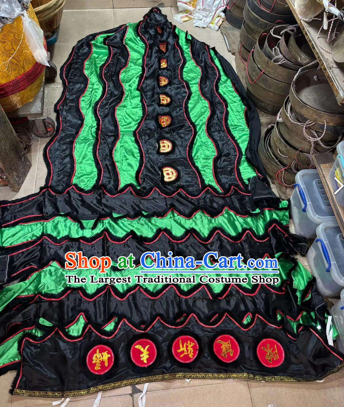 Black and Green Traditional Lion Dance Costumes Chinese Dancing Lion Tail and Pants Set