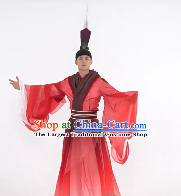 Chinese Classical Dance Ritual Guoxue Red Robes Mens Traditional Confucius Dance Performance Costume and Feather Headpiece Complete Set