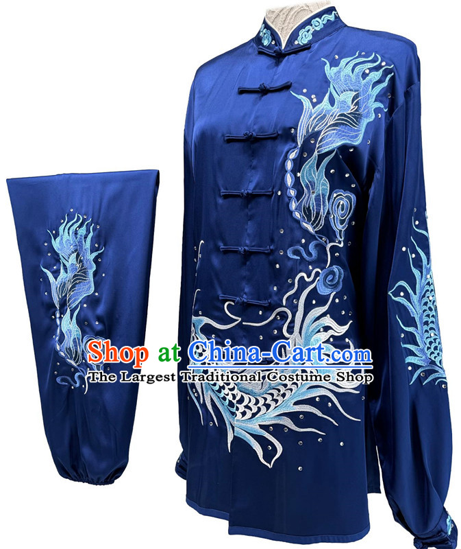 Embroidery Dragon Martial Arts Suit Chinese Tai Chi Qigong Performance Deep Blue Uniform Wushu Competition Clothing