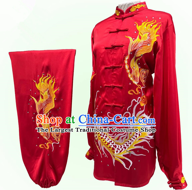 Embroidery Dragon Martial Arts Red Suit Chinese Tai Chi Qigong Performance Uniform Wushu Competition Clothing