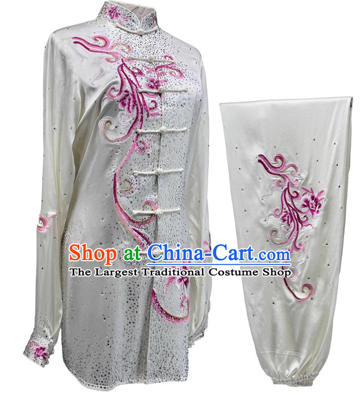Embroidery Starry Sky Diamonds Tai Chi Suit Wushu Competition White Uniform Chinese Martial Arts Performance Clothing
