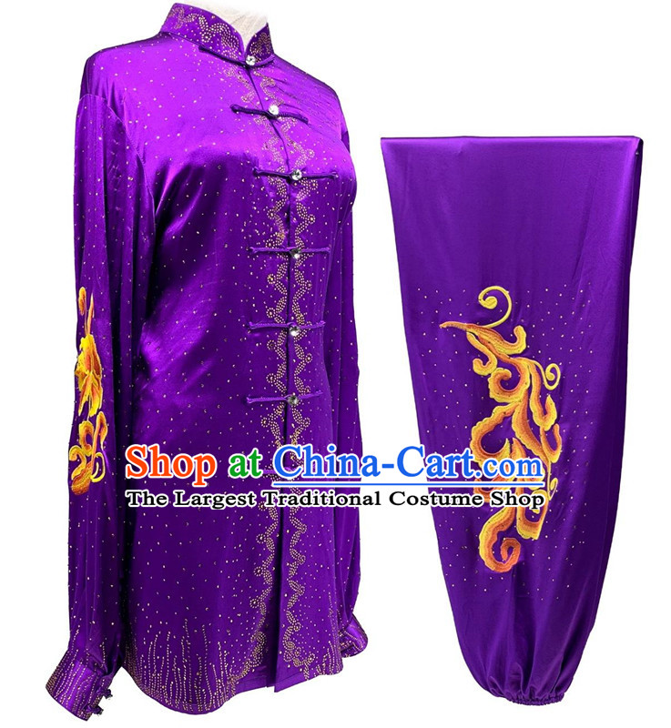 Bright Diamond Shining Purple Tai Chi Suit Top Wushu Competition Costume Chinese Kung Fu Performance Clothing