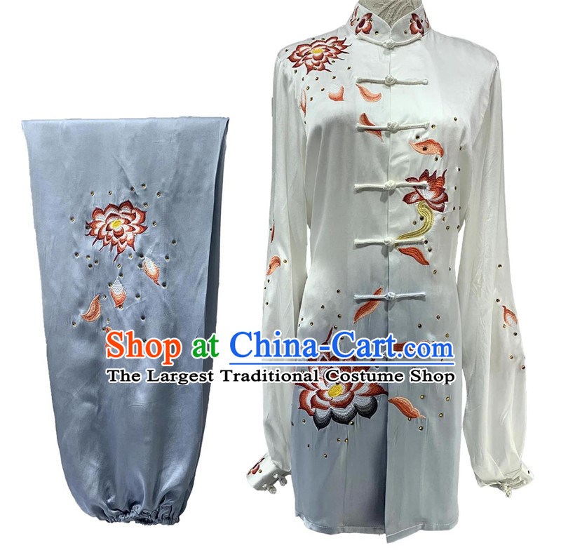 Embroidery Lotus Tai Chi Suit Chinese Baduanjin Wuqinxi Qigong Costume Wushu Competition Performance Clothing