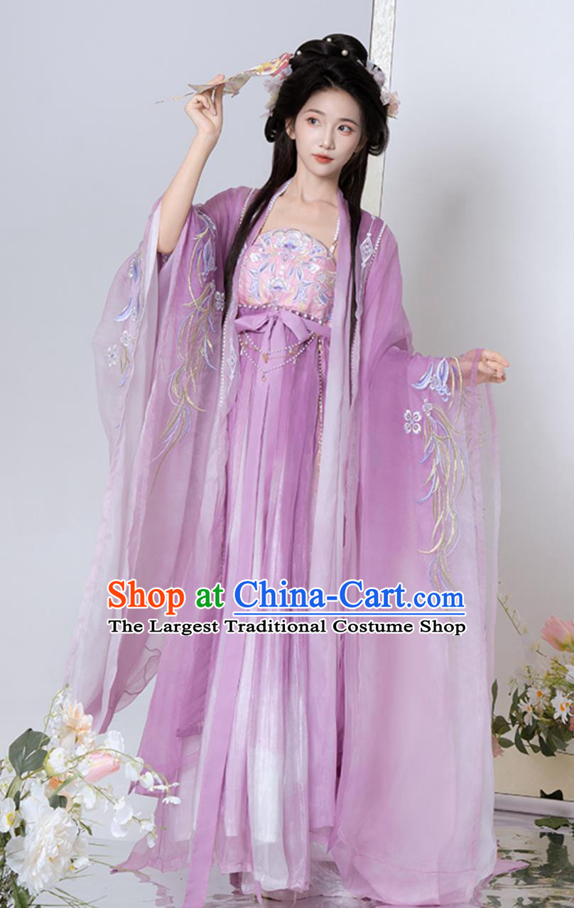 Ancient Fairy Embroidery Purple Dress Traditional Chinese Hanfu Women Tang Dynasty Hezi Qun Wide Sleeve Cloak Complete Set
