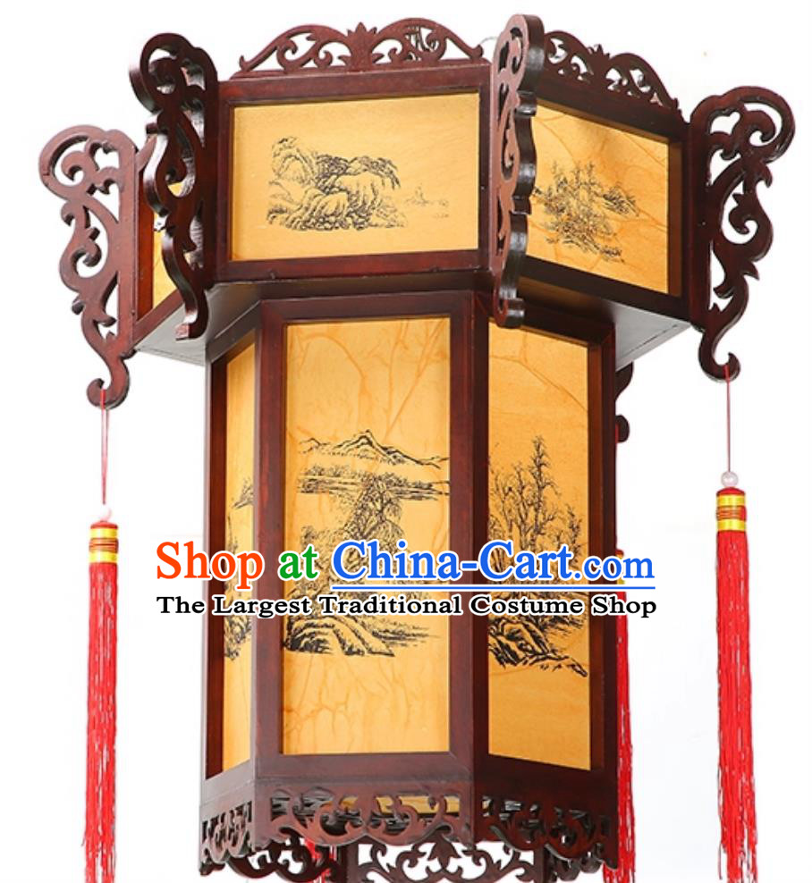 Chinese Antique Wood Palace Lantern Zen Landscape Pendant Light Hand Carved Hexagonal Palace Lantern