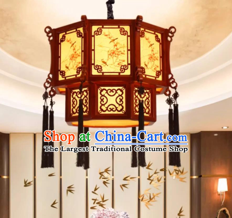 Chinese Antique Lantern Palace Reproduction Painting Bird Plum Lamp Restaurant Tea Room Hanging Light