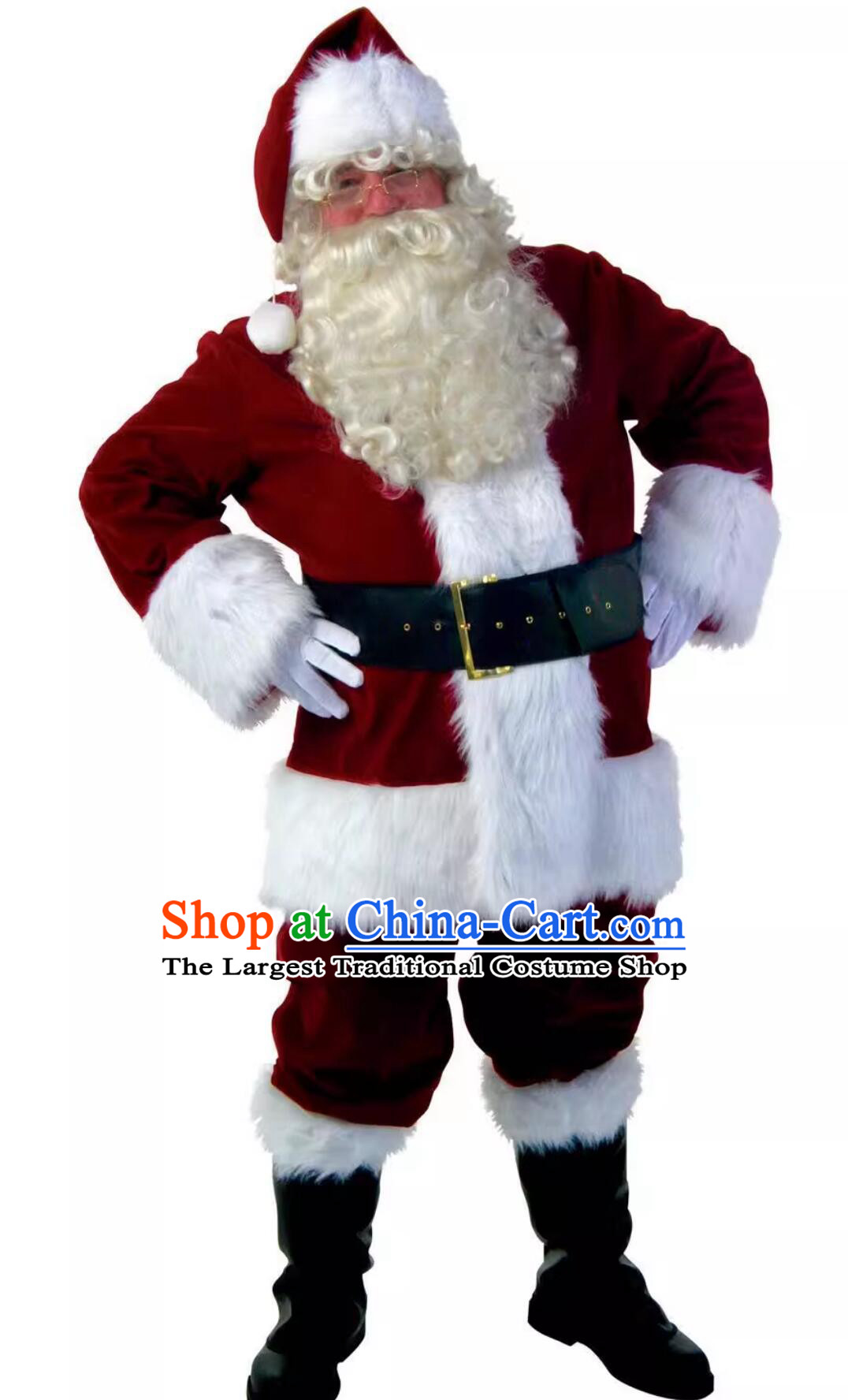 Men Father Christmas Cosplay Bordeaux Outfit Santa Claus Thick Party Attire Kriss Kringle Costume