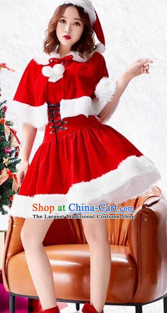 Cosplay Elf Costume Christmas Court Queen Red Short Dress with Cape Theme Party Clothing