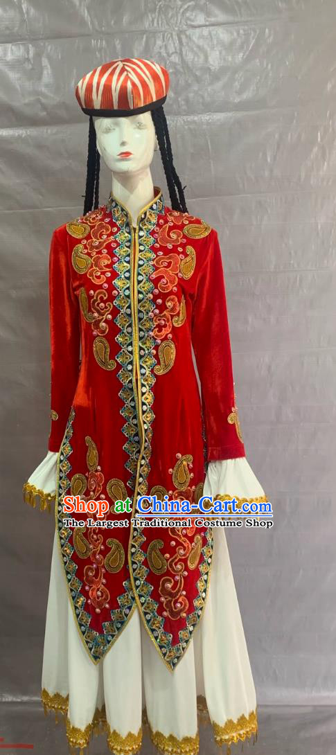 Uzbek Ethnic Costume Chinese 56 Minority Performance Attire Red Long Dress Set