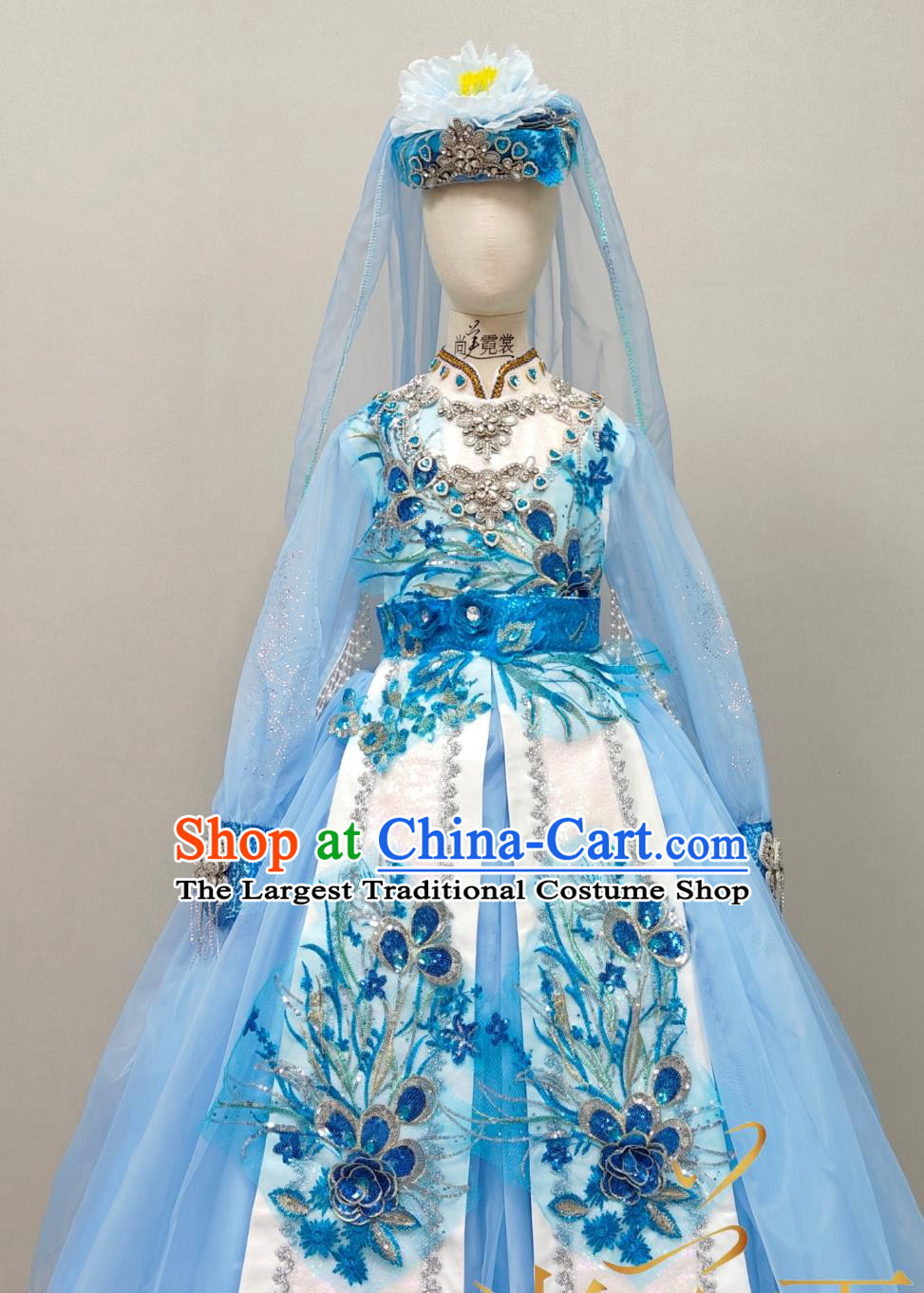 Ethnic Girl Blue Dress Chinese Hui Nationality Minority Stage Performance Costume