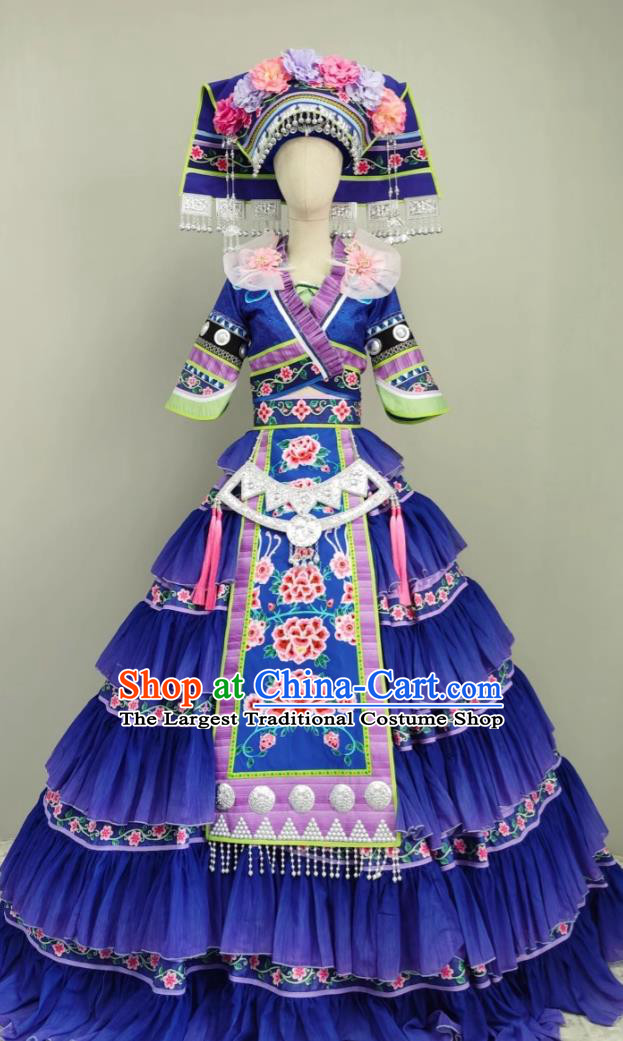 Guangxi March Third Festival Zhuang Ethnic Costume Chinese Minority Fashion Show Attire Women Blue Dress