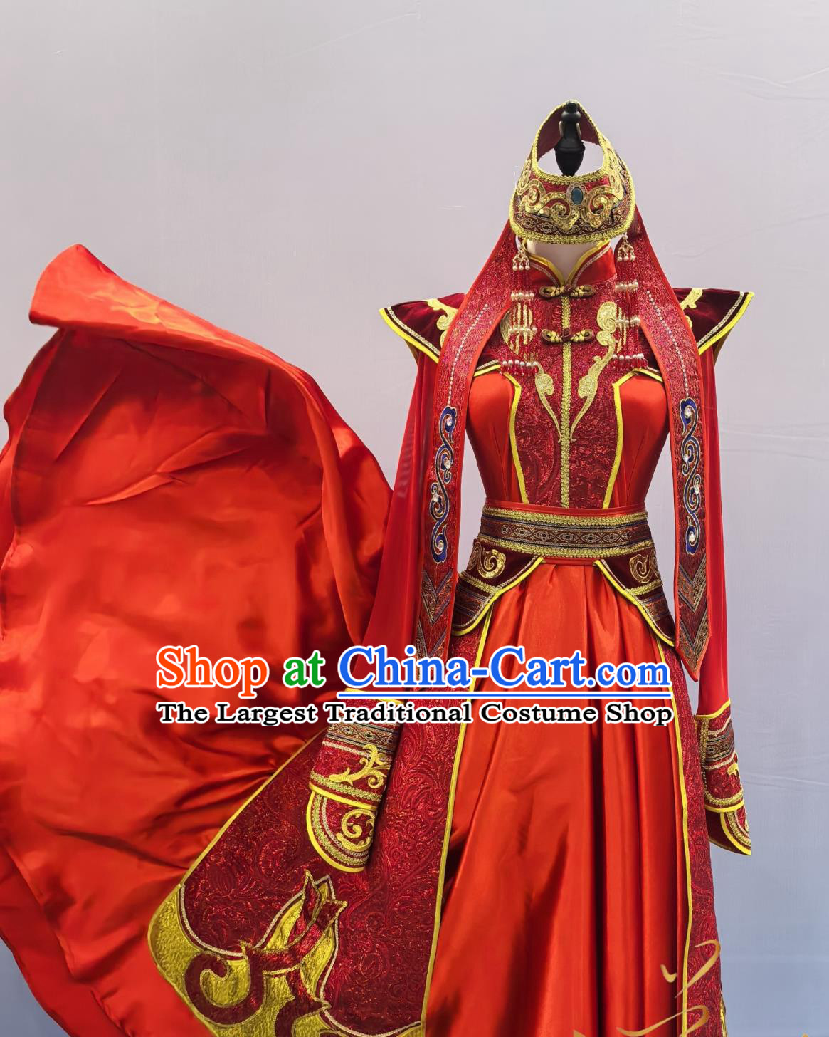 Mongolian Ethnic Costume Chinese Mongol Minority Fashion Show Attire Women Red Dress
