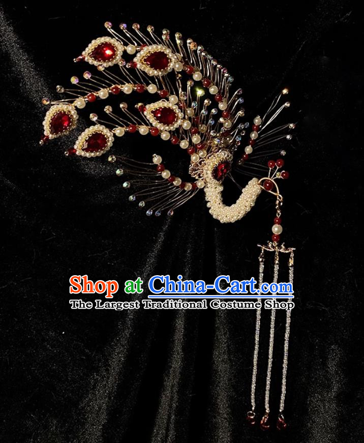 Tassel Golden Phoenix Hairpin Inclined Phoenix Five Tail Hair Crown Chinese Ming Dynasty Wedding Headdress Accessory