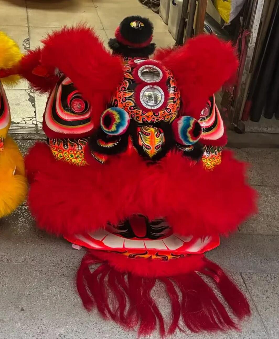 Red Wool Lion Dance Costume Handmade Donghai Laofuzi Lion Dance Head Traditional Dancing Lion Clothing Full Set