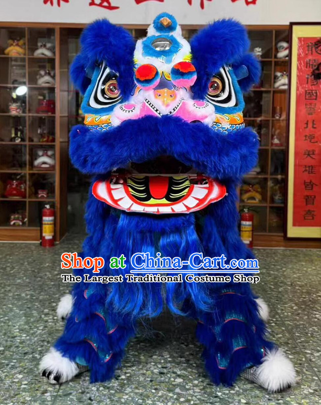 Chinese Fut San Lion New Year Lion Dance Costume Handmade Lion Dance Head Props Traditional Dragon Pattern Royal Blue Fur Lion