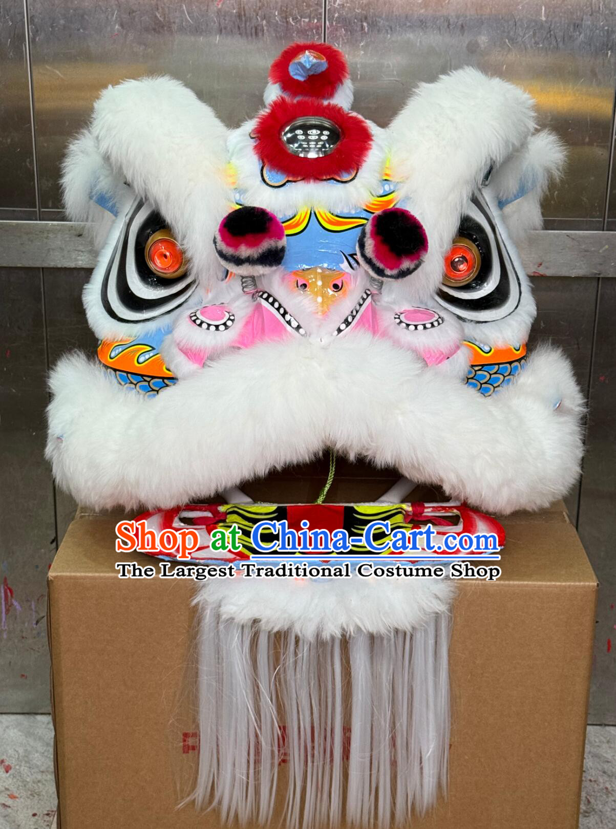 Chinese Fut San Lion New Year Lion Dance Costume Props Handmade Lion Dance Head Traditional Dragon Pattern White Fur Lion