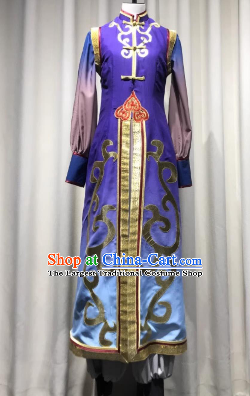 Chinese Mongolian Dance Group Performance Costume Eternal Anthem Dance Repertoire Attire Mongol Nationality Dance Purple Dress