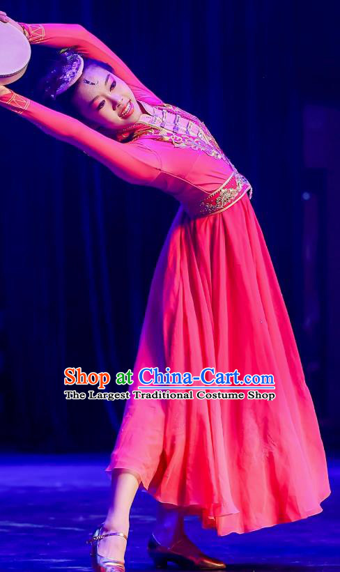 Customized Uyghur Female Dance Attire For Xinjiang Drumbeat Dance Chinese Ethnic Dance Pink Dress
