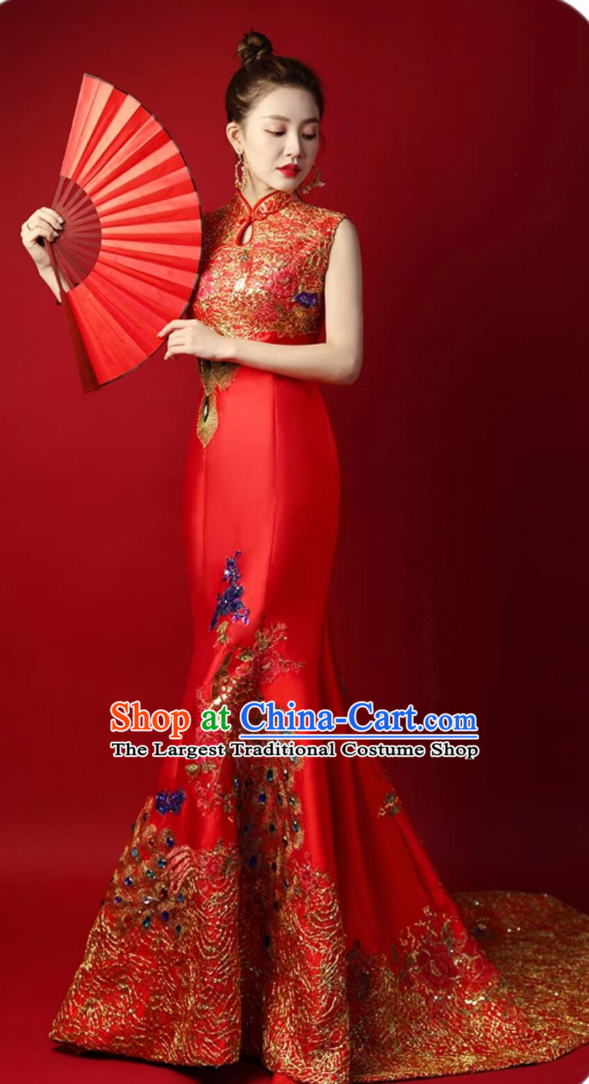 Chinese Style Red Train Gown Model Runway Show Red Mermaid Dress Bride Wedding Qipao