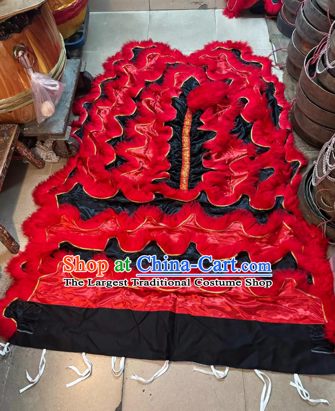 Red and Black Satin Lion Dance Tail and Pants Traditional Zhang Fei Lion Costumes Set