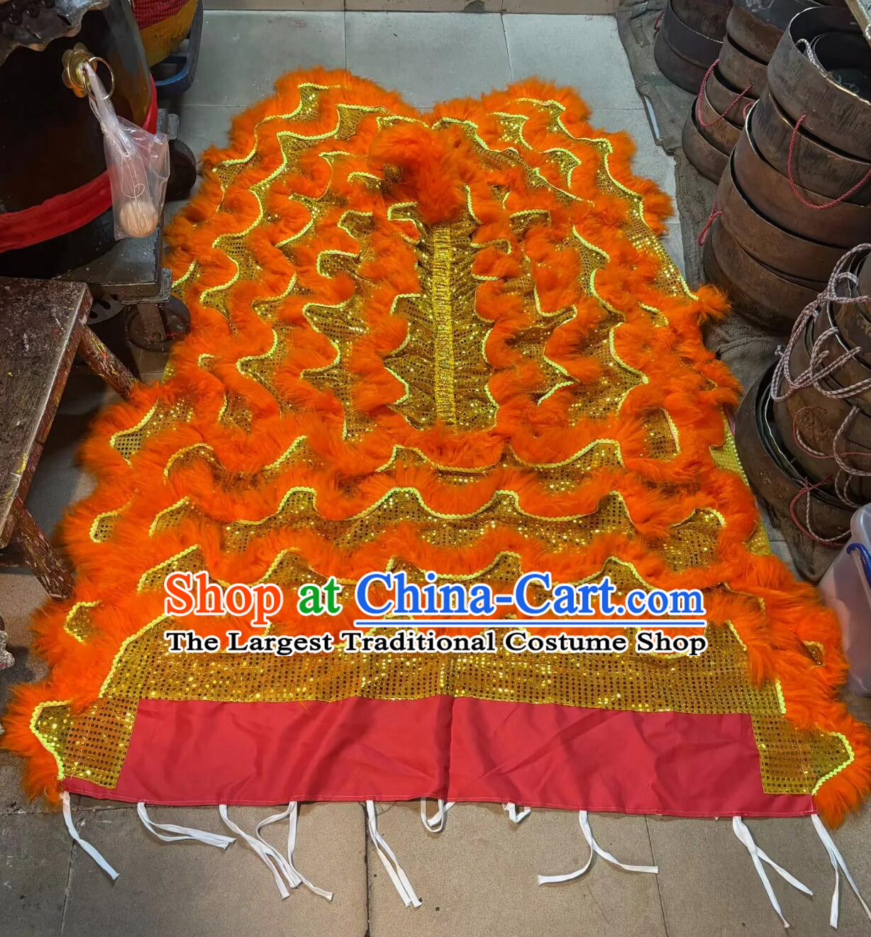 Golden Sequins Chinese Lion Dance Tail and Pants Traditional Orange Wool Lion Costumes Set