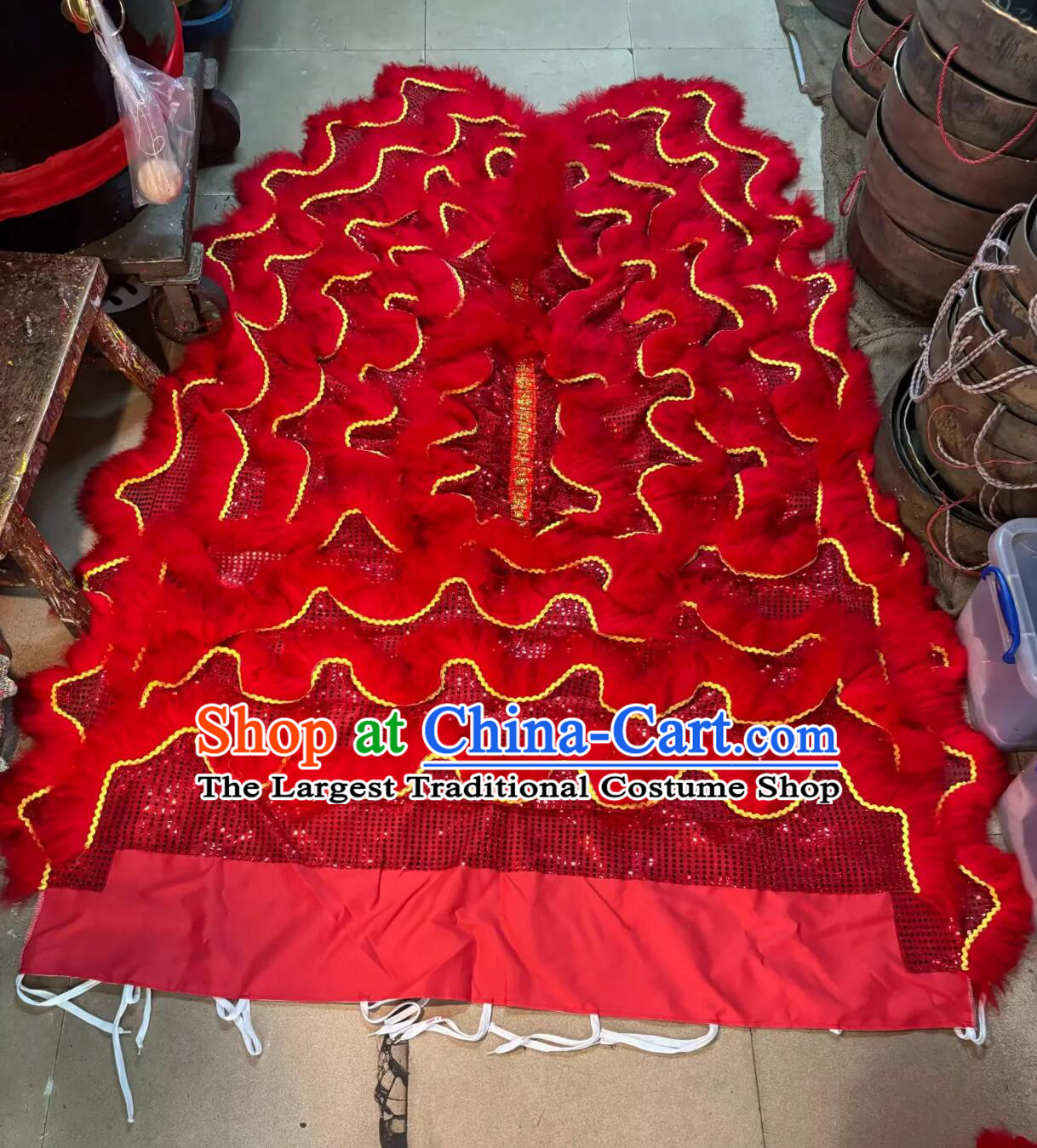 Red Sequins Chinese Lion Dance Tail and Pants Traditional Wool Lion Costumes Set