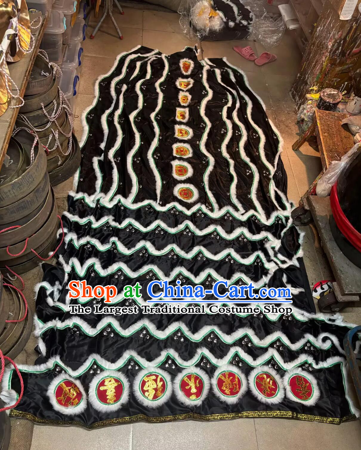 Black Satin Chinese Lion Dance Mirrors Tail and Pants Traditional Wool Lion Costumes Set