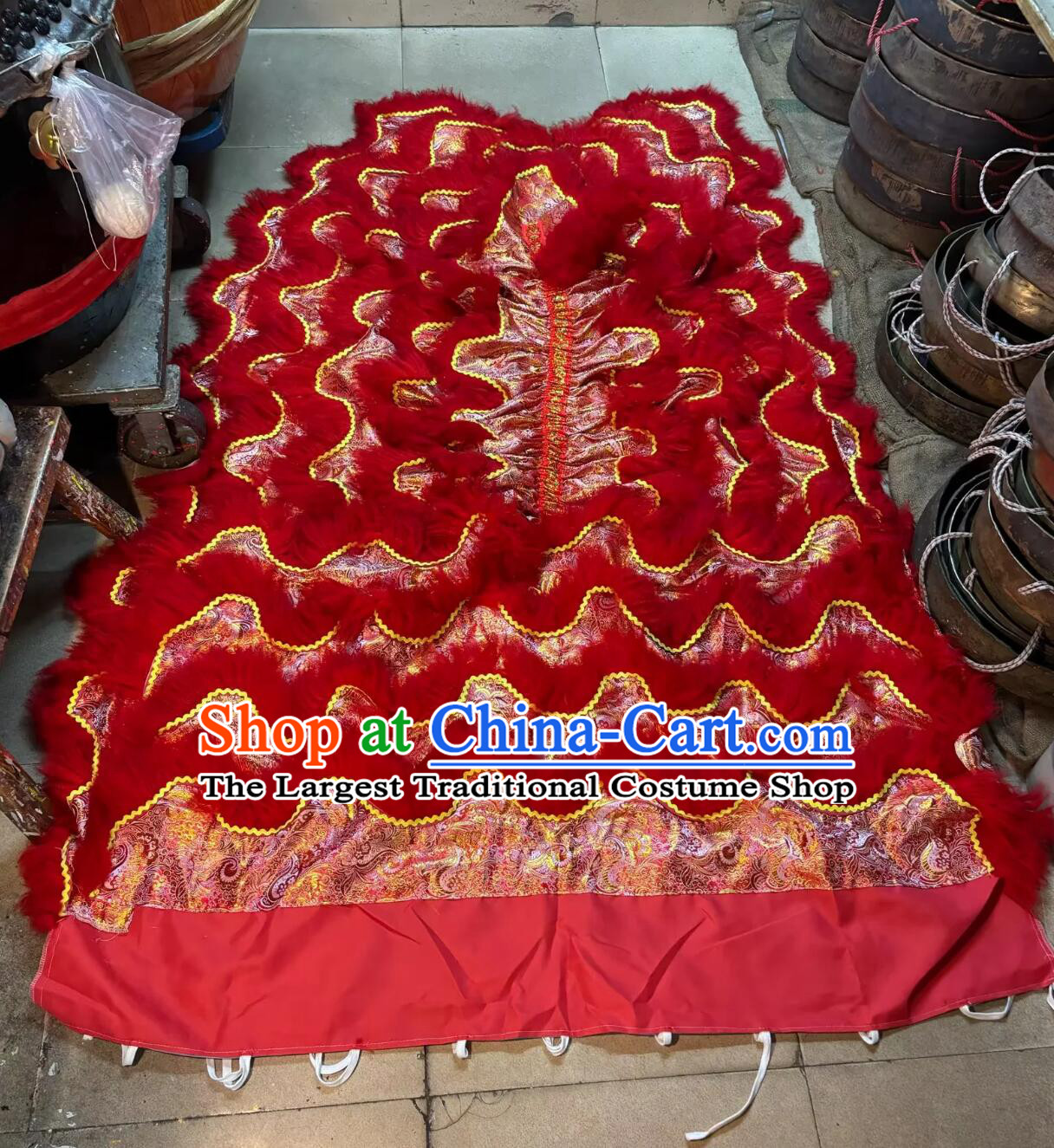 Red Satin Chinese Lion Dance Tail and Pants Traditional Wool Lion Costumes Set
