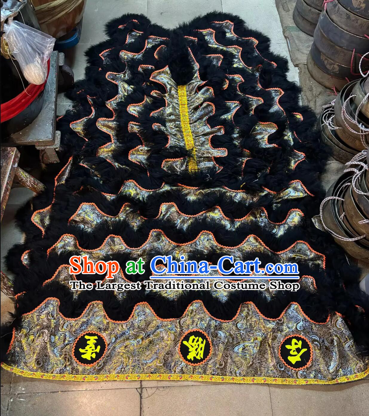 Black Satin Chinese Lion Dance Tail and Pants Traditional Wool Lion Costumes Set