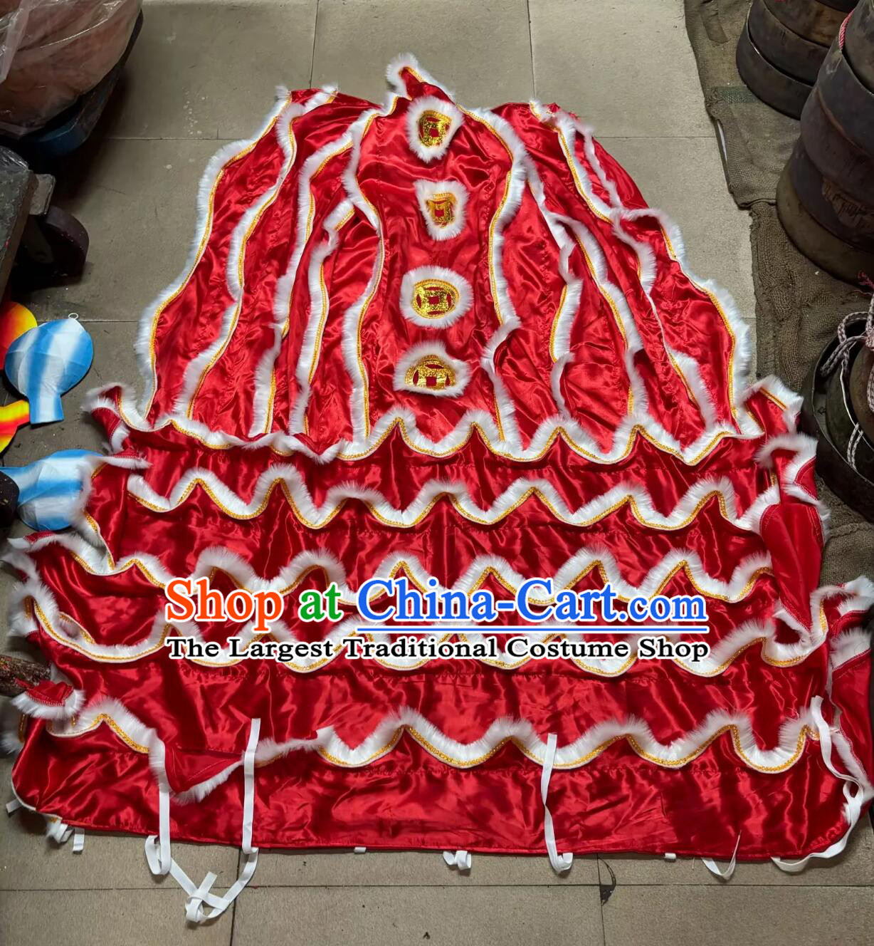 Red Satin Chinese Lion Dance Tail and Pants Traditional White Wool Lion Costumes Set