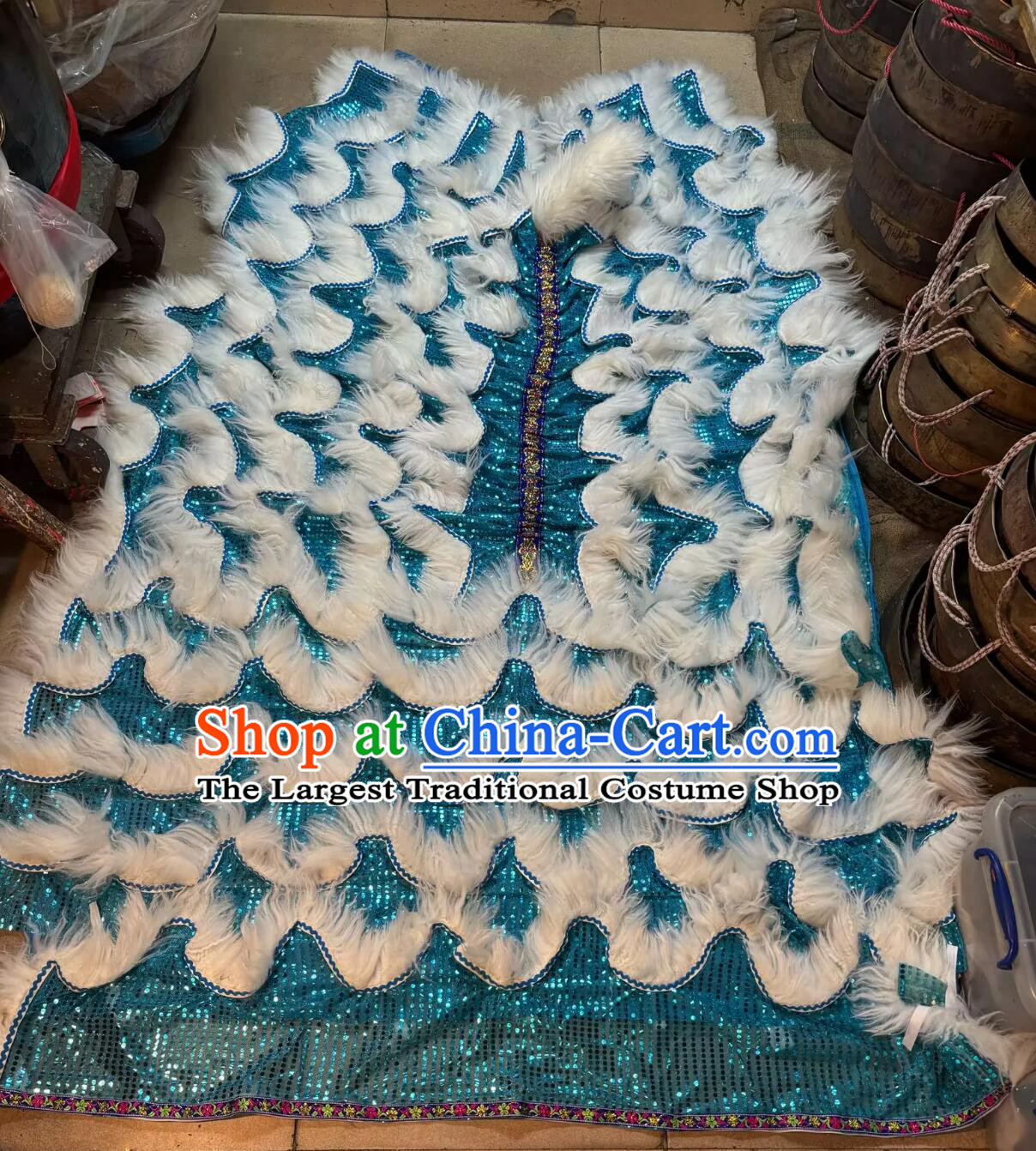 Blue Sequins Chinese Lion Dance Tail and Pants Traditional White Wool Lion Costumes Set