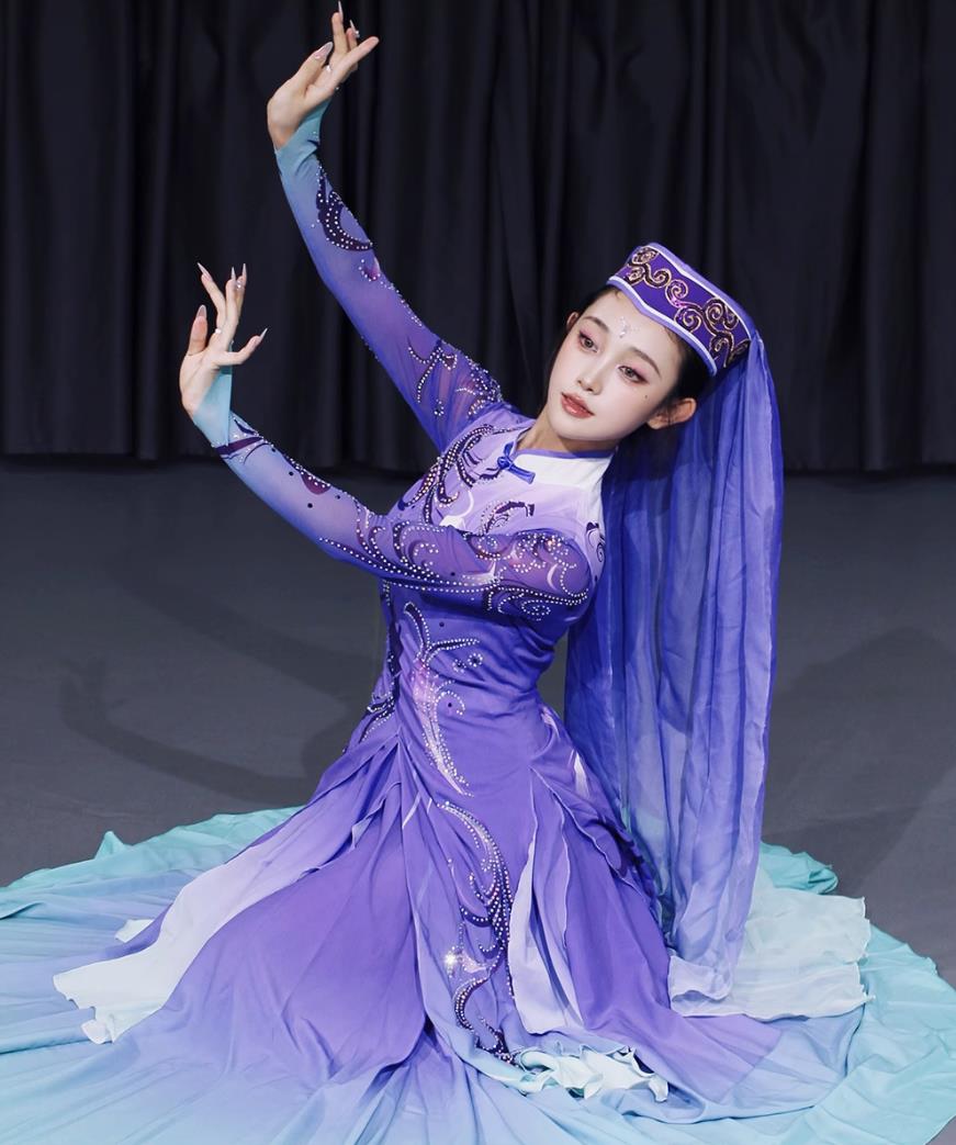 Chinese Ethnic Hui Uygur Dance Costume Xinjiang Minority Performance Purple Outfit Art Exam National Attire