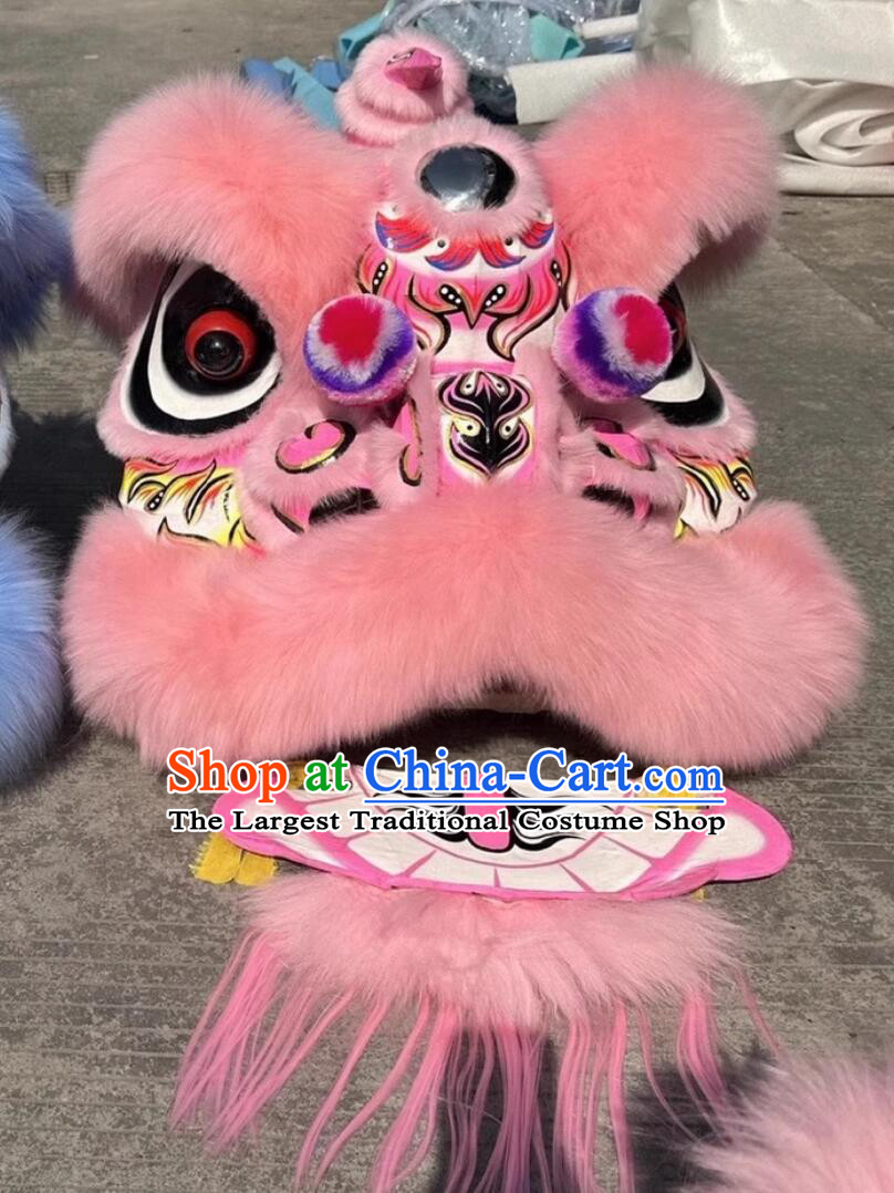 Chinese Lion Dance Prop Traditional Dancing Lion Costume Pink Wool Fut San Lion Head Equipment Complete Set