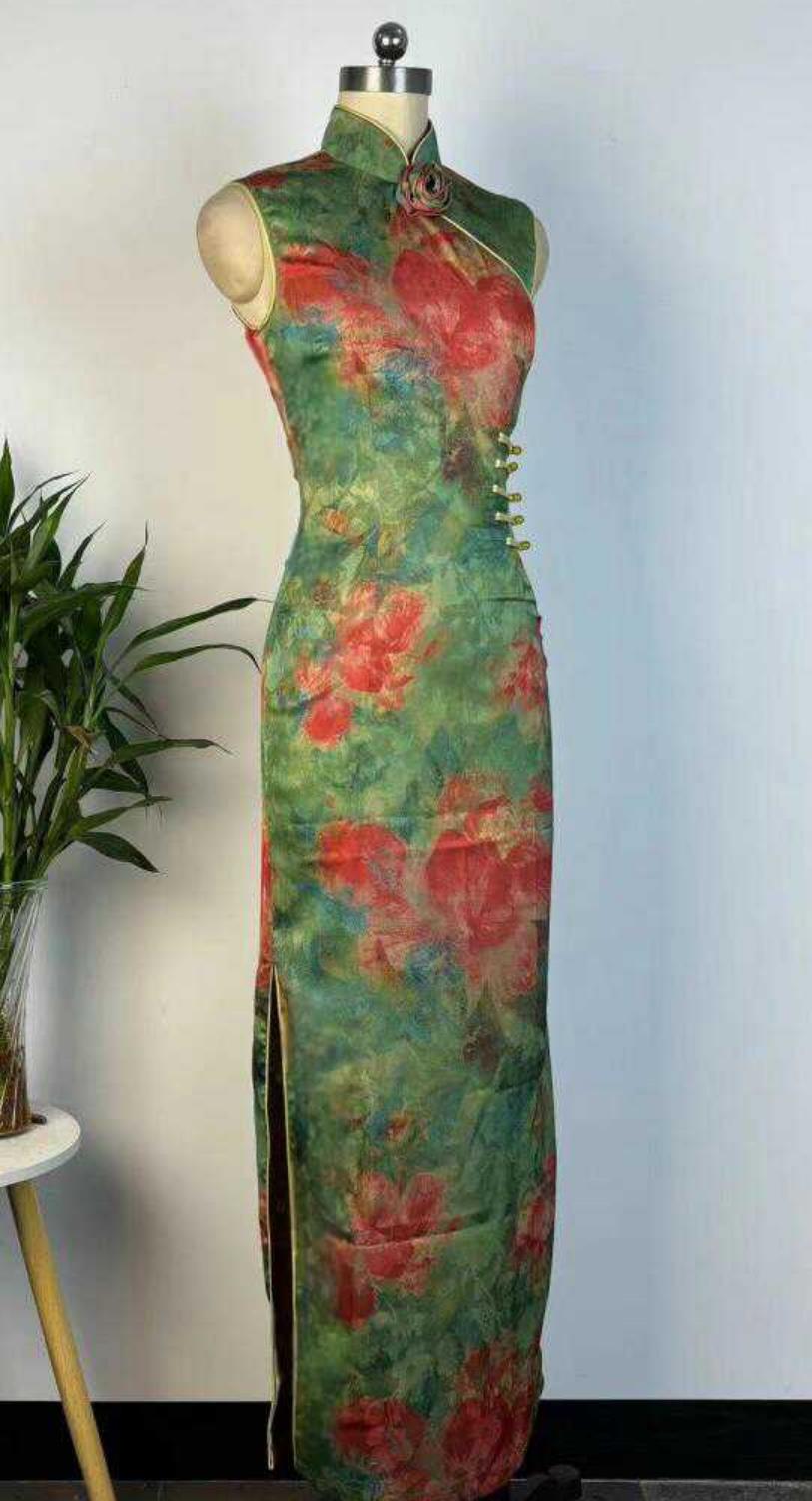 Plus Size 150kg Sleeveless Thread Inlay Chinese Style Gradient Floral Cheongsam Pipa Collar Mid Length Qipao Dress