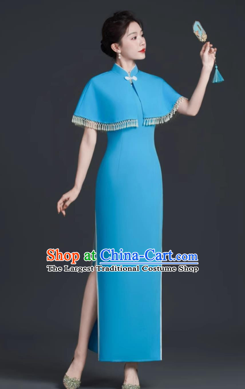 Light Blue Stage Performance Qipao Simple Slim Long Chinese Banquet Evening Gown
