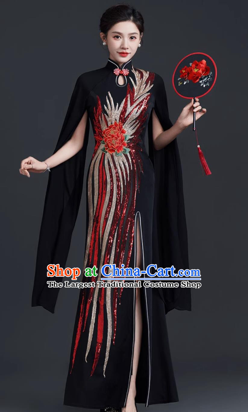 Chinese Style Stage Guzheng Water Sleeve Performance Dress Mermaid High Slit Qipao Evening Gown Black