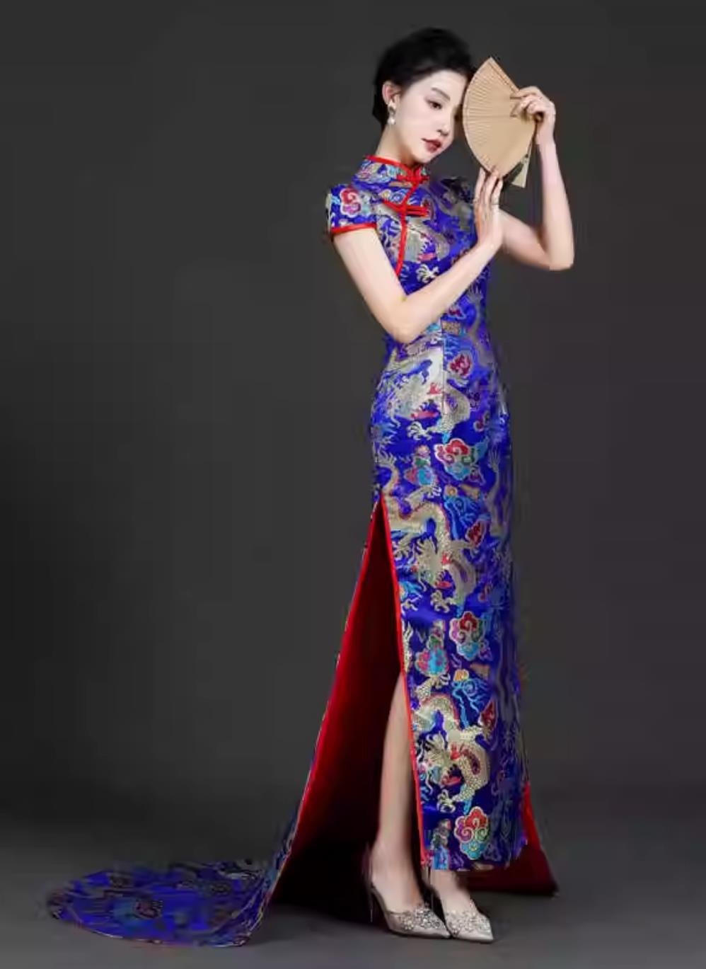 Long Style Cheongsam For Runway Stage Performance Trailing Chinese Retro Modified Slim Fit Dress