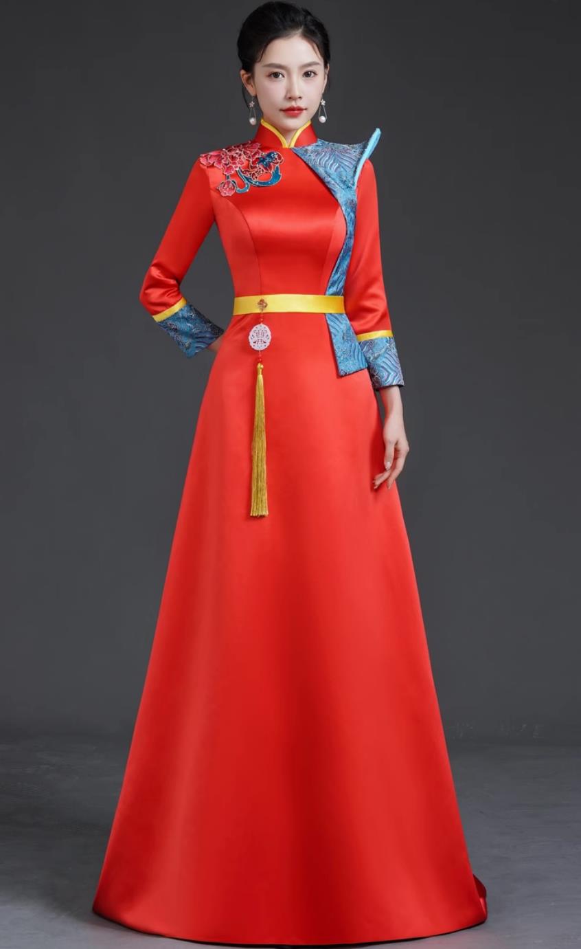 Banquet Evening Gown Short Trailing Red Dress Model Runway Cheongsam Long Style Performance Costume