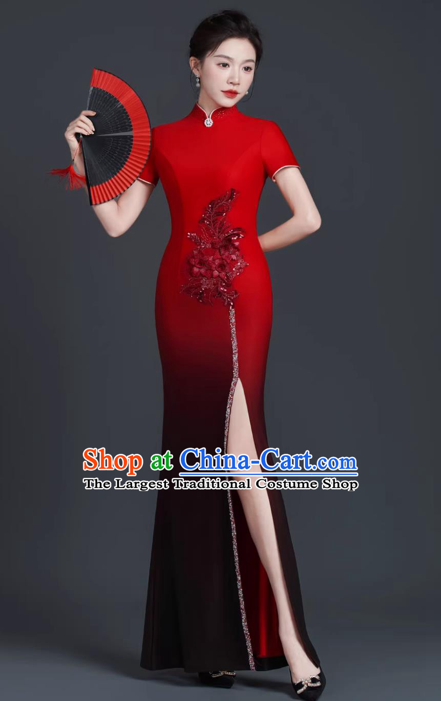 Model Stage Catwalk Performance Qipao Slim Long Dress Chinese Style Banquet Evening Gown