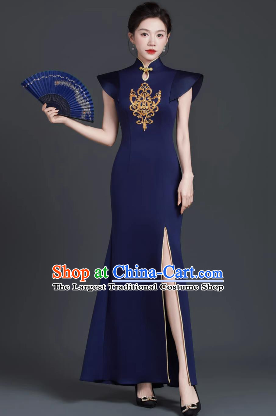 Navy Blue Model Stage Runway Show Performance Qipao Slim Fit Long Dress Chinese Style Banquet Evening Gown