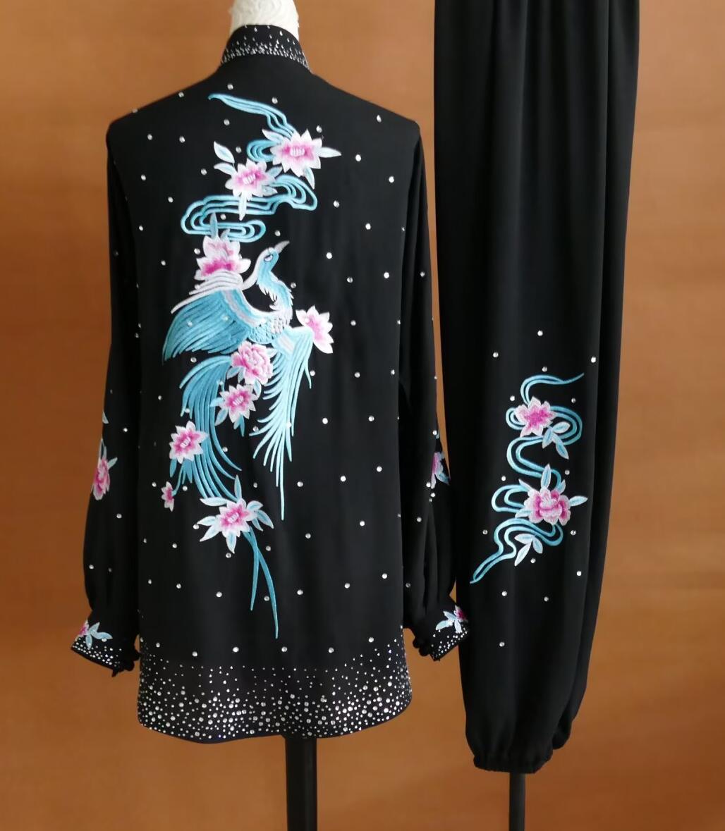 Embroidered Phoenix Crystal Tai Chi Outfit Mid Length Kung Fu Suit Black Qigong Costume Martial Arts Competition Performance Uniform