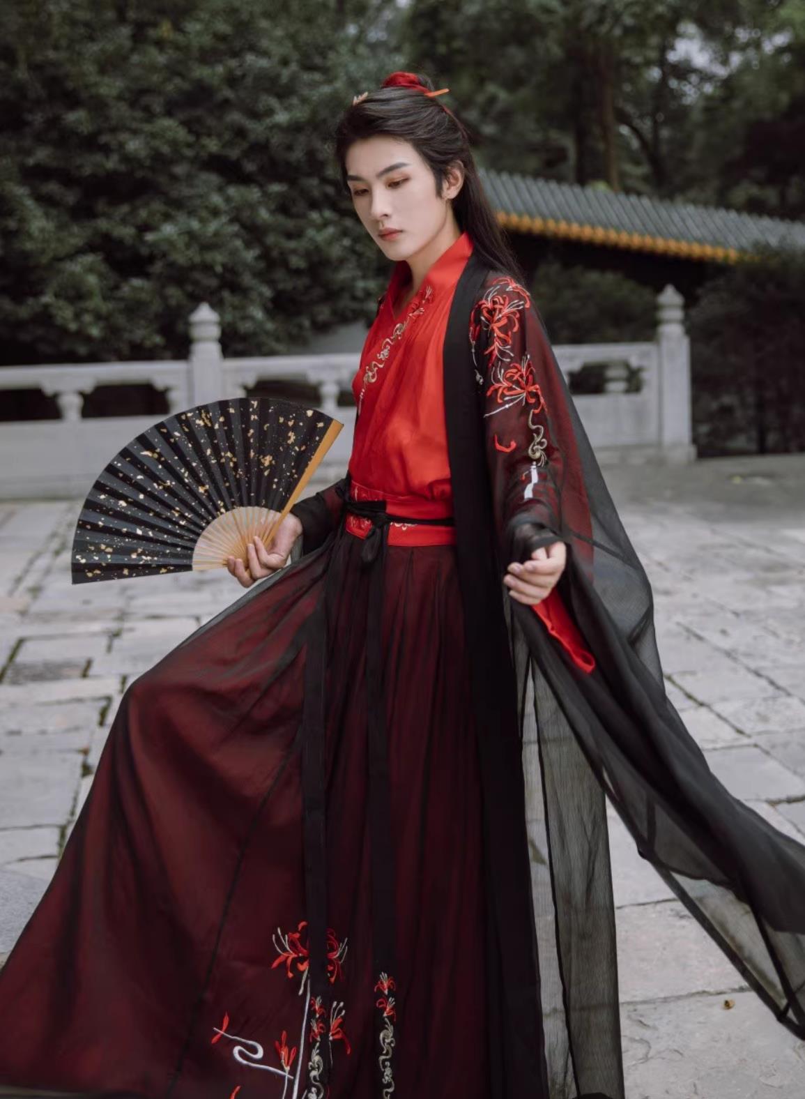 Red Spider Lily Hanfu Chinese Ancient Men Cross Collar Top and Bottom Set