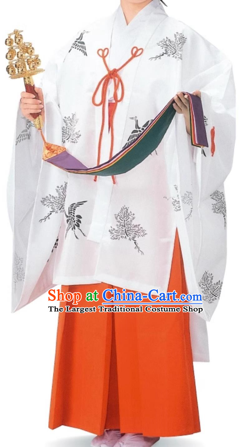 Japanese Authentic Miko Kimono Pine Crane Pattern Chihaya White Robe Handmade Coat