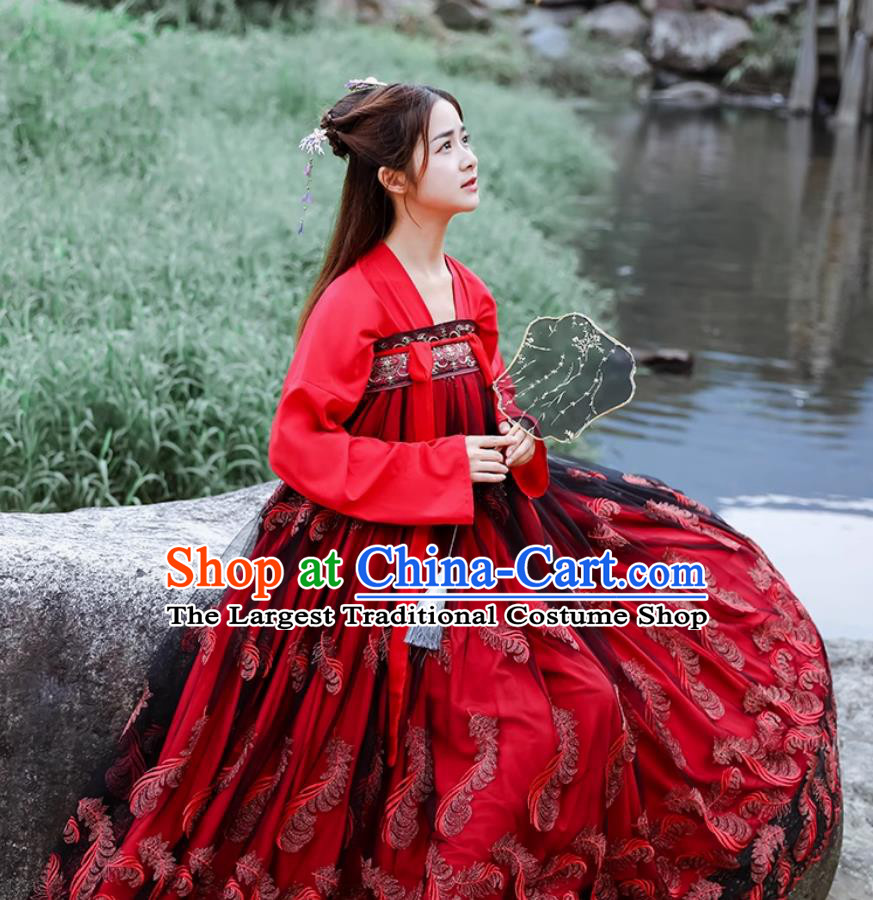 Ancient Princess Embroidered Clothing Chinese Traditional Hanfu Women High Waist Red Ruqun